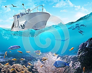 Un barco en Océano.  tridimensional ilustraciones 