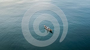 Fishing from a boat in the open ocean, a hobby of catching fish. Beautiful seascape, aerial view. travel banner.