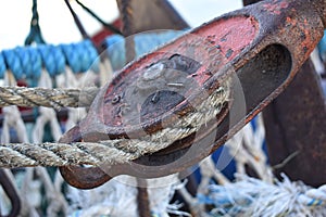 Fishing boat pulley, Whitstable Harbour UK