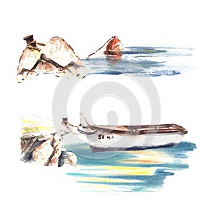 Fishing boat and red buoy at sea tied to stone pier Watercolor hand-drawn illustration Set Isolated on white background