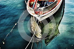 Fishing boat with reflection on the sea