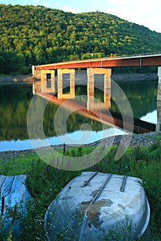 Fishing Boat and Reservoir Bridge