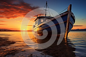 Fishing boat on river, basking in the glow of a picturesque sunset.