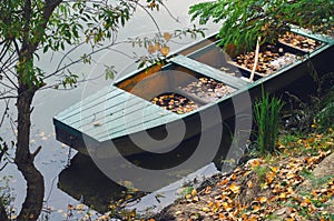 Fishing boat at river shore covered fallen autumn leaves