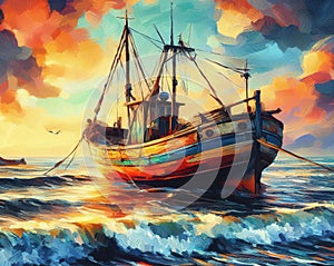 fishing boat on rough sea at sunset, oil painting on canvas