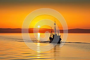 fishing boat sailing towards the horizon in golden hour