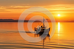 fishing boat sailing towards the horizon in golden hour