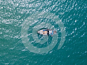 Fishing boat in The Sea. Bird eye view from drone