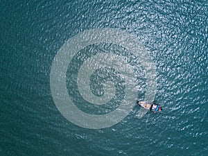 Fishing boat in The Sea. Bird eye view from drone