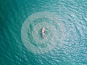 Fishing boat in The Sea. Bird eye view from drone