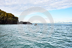 Fishing boat on the sea. Horizon view.