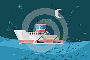 Fishing boat in sea. Marine sky night landscape ship ocean water surface sailing transport for fishing vector background