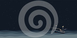Fishing boat on the sea at night vector illustration. Ocean with ship, star and night sky background