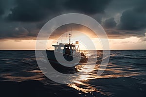 fishing boat on the sea water at sunset or sunrise, fishermen on a trawler, cloudy day, generative AI