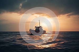 fishing boat on the sea water at sunset or sunrise, fishermen on a trawler, cloudy day, generative AI