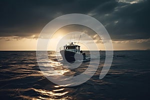 fishing boat on the sea water at sunset or sunrise, fishermen on a trawler, cloudy day, generative AI