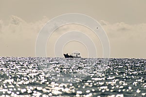 Fishing boat at sea. The waves reflect light. The silhouette of the boat on the horizon