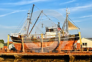 Fishing boat in a shipyard in Buesum on the North Sea in Germany