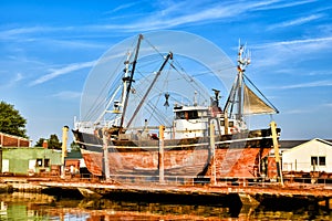 Fishing boat in a shipyard in Buesum on the North Sea in Germany