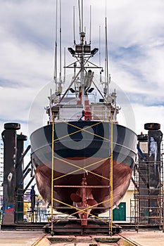 Fishing boat in a shipyard for maintenance