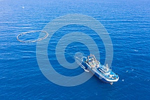 Fishing boat with special equipment for fishing, fish frame sails in the Mediterranean sea