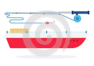 Fishing boat and spinning vector flat isolated