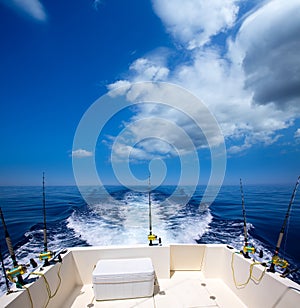 Fishing boat stern deck with trolling fishing rods and reels