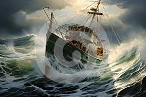 Fishing boat in stormy sea, 3d render illustration, Vintage fishing boat taking on rough seas, AI Generated