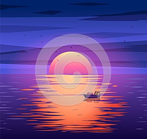 Fishing boat sunset vector background concept