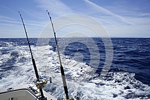 Fishing on the boat with trolling rod and reel.