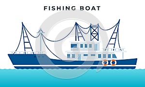 Fishing boat used to harvest living resources of the sea vector icon flat isolated.