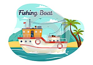 Fishing Boat Vector Illustration with Fishermen Hunting Fish Using Ship at Sea in Flat Cartoon Background