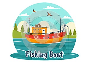 Fishing Boat Vector Illustration with Fishermen Hunting Fish Using Ship at Sea in Flat Cartoon Background