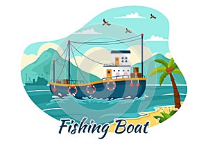 Fishing Boat Vector Illustration with Fishermen Hunting Fish Using Ship at Sea in Flat Cartoon Background