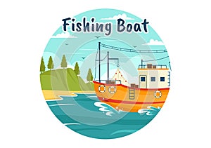 Fishing Boat Vector Illustration with Fishermen Hunting Fish Using Ship at Sea in Flat Cartoon Background