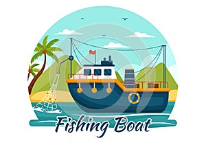 Fishing Boat Vector Illustration with Fishermen Hunting Fish Using Ship at Sea in Flat Cartoon Background