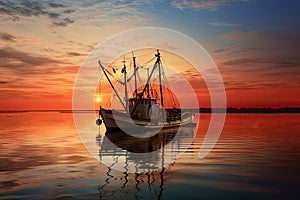 Fishing boat on the water at sunset