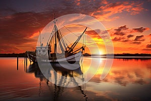 Fishing boat on the water at sunset