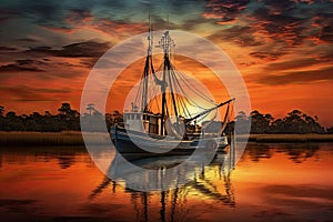 Fishing boat on the water at sunset