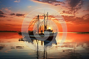 Fishing boat on the water at sunset