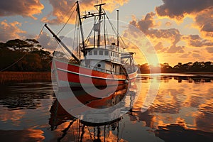 Fishing boat on the water at sunset
