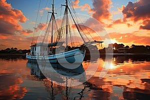 Fishing boat on the water at sunset