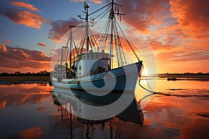 Fishing boat on the water at sunset