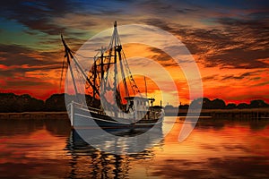 Fishing boat on the water at sunset