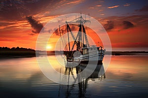 Fishing boat on the water at sunset