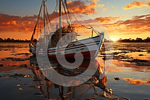 Fishing boat on the water at sunset