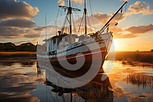 Fishing boat on the water at sunset