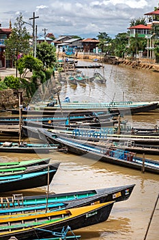 Fishing boats along the Inle canal river. Myanmar, Burma