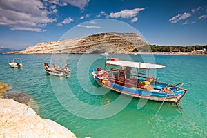 Fishing boats anchored in Matala bay, Crete, Greec