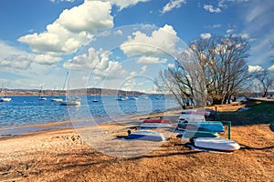 Fishing boats ashore on the lake